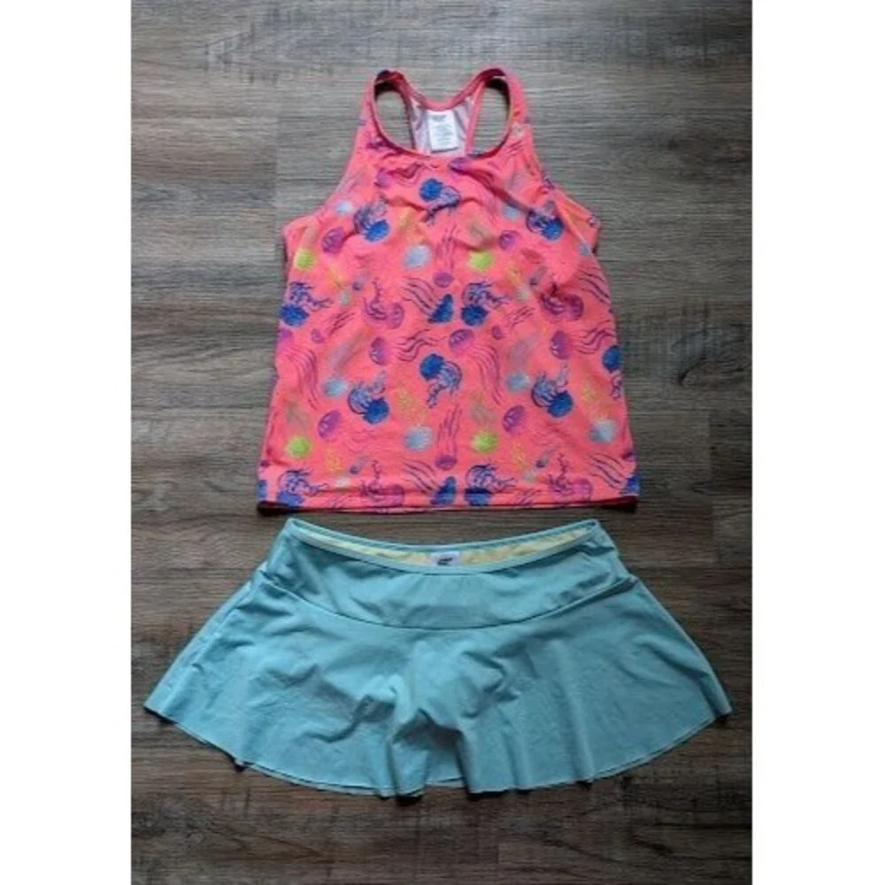 Lands' End Tankini Girls Size 14+ Jellyfish Print Top Solid Blue Skort Bottoms